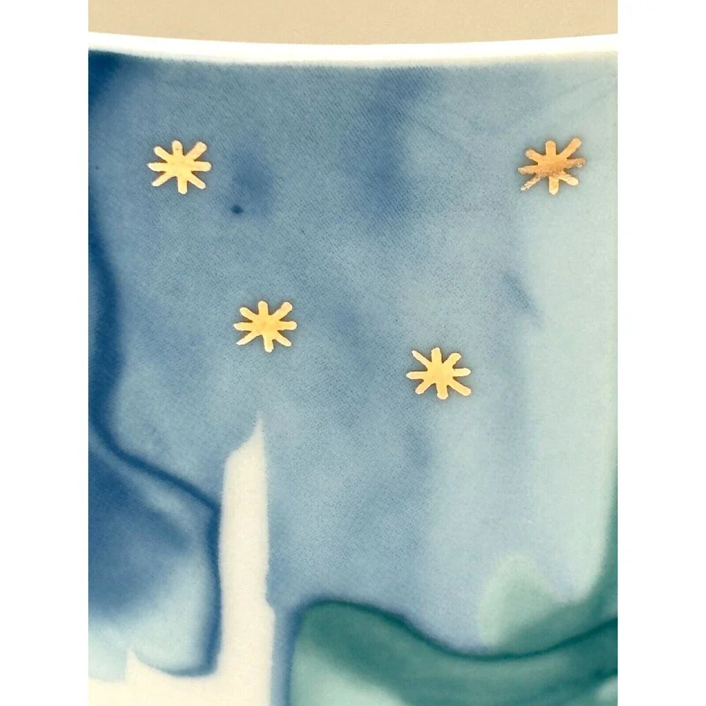 Anthropologie‎ Night Sky Bowl Stoneware Blue Teal Drip Watercolor Wash Gold Star